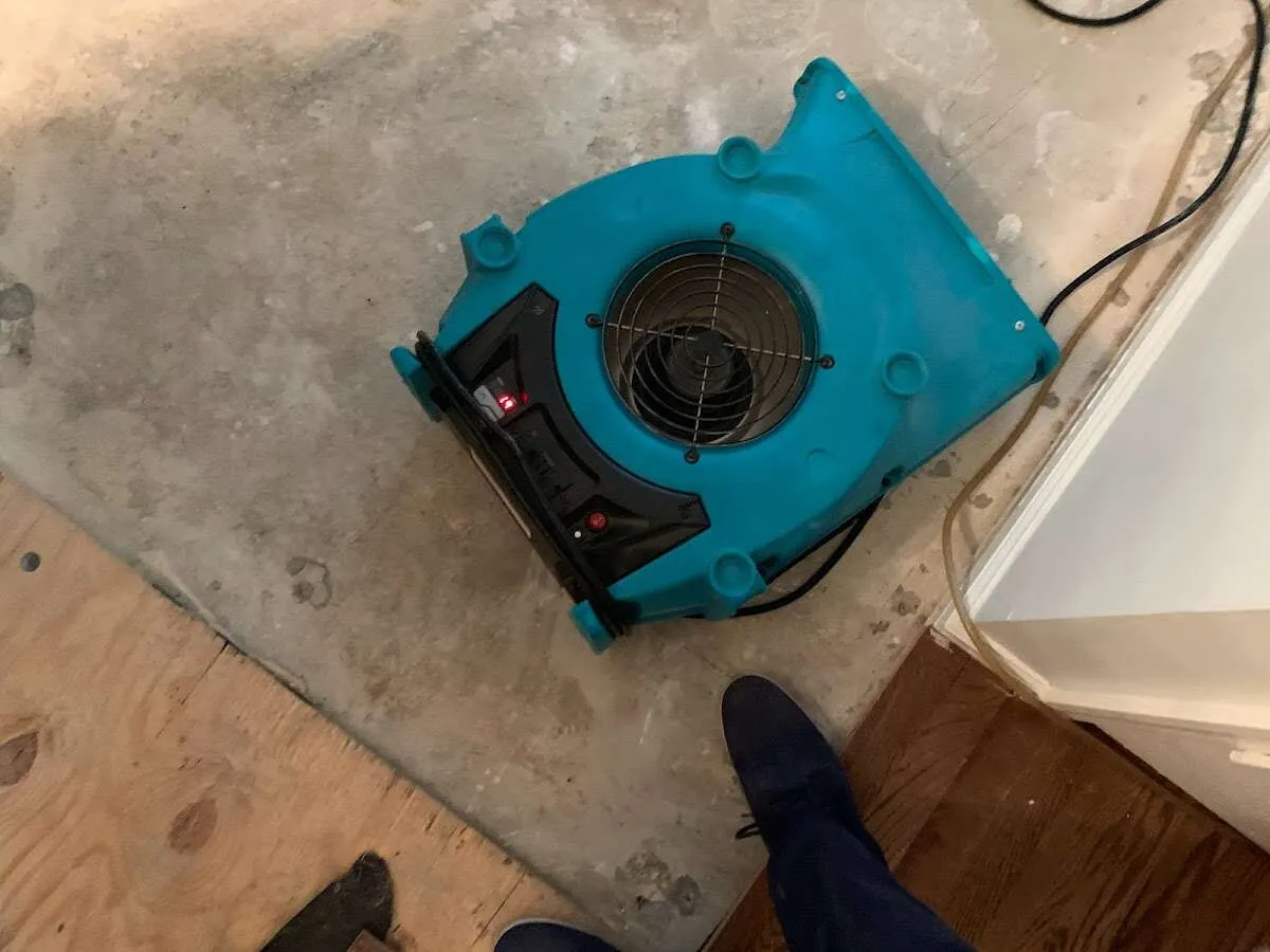 Air mover drying subfloor during Leak Detection & Repair in Rome